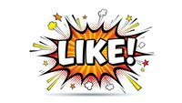 Comic book style LIKE word with explosion burst, stars and halftone dots on white background. Pop art speech bubble for social media engagement and approval concepts.