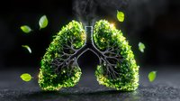 Green foliage shaped as human lungs with branching airways inside, floating leaves against dark background, representing environmental health and natural breathing concept.