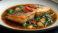 Grilled salmon fillet with soy glaze, fresh herbs and chili peppers in savory broth. Restaurant quality seafood dish for culinary and food photography projects.