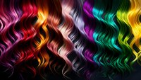 Vibrant multicolored wavy hair strands flowing in rainbow spectrum from red to yellow with silver highlights against dark background, showcasing modern hair coloring trends.