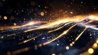 Abstract digital wave of glowing particles with golden bokeh lights flowing on dark background, futuristic technology visualization concept.