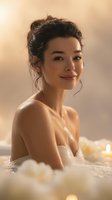 Young Asian woman with gentle smile relaxing in spa bath with white flowers and glowing candles, soft warm lighting creates romantic wellness atmosphere.