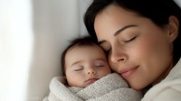Young Asian mother and baby sleeping peacefully together, faces touching in tender moment. Soft natural lighting creates gentle, intimate atmosphere for parenting and family themes.