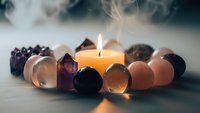 Healing crystals and gemstones arranged around glowing candle with mystical smoke for meditation, spiritual wellness and energy cleansing rituals.
