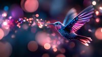 Magical hummingbird with iridescent feathers flying among glowing bokeh lights and sparkling particles in dreamy fantasy atmosphere for creative projects.