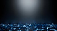 Digital grid landscape with glowing blue nodes and connecting lines representing network technology, data flow, and cyber infrastructure for tech backgrounds and digital communications.