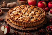 Homemade lattice apple pie with golden brown crust on wooden board, surrounded by fresh red apples, cranberries, cinnamon and star anise in rustic setting.