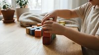 Young woman sitting cross-legged on wooden floor arranging colorful wooden blocks in peaceful home interior with natural lighting and plants.