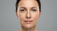 Woman face showing aging process with wrinkles and smooth skin comparison for skincare treatment and anti-aging cosmetic procedures concept.