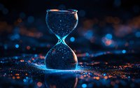 Glowing hourglass with sparkling particles against dark background with blue and orange bokeh lights, symbolizing time and transformation.