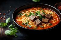 Spicy Asian noodle soup with tender beef chunks, fresh basil leaves and rice noodles in aromatic broth served in black bowl on dark background.