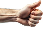 Male hand showing thumbs up gesture against white background, isolated close-up view. Strong positive approval sign with visible skin texture and natural lighting.
