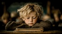 Young blonde child resting head on arms over old book with tired expression in warm library setting for educational and childhood learning concepts.