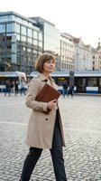 Professional middle-aged Caucasian businesswoman in beige trench coat holding leather portfolio walking confidently through urban city square.