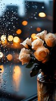 Delicate cream roses in glass vase against rainy window with glowing bokeh lights creating romantic atmosphere. Moody evening cityscape backdrop adds dreamy ambiance.