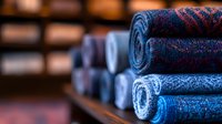 Rolled textile fabrics in blue and purple patterns displayed on wooden shelves in fabric store or warehouse for fashion design and manufacturing projects.