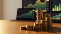 Golden coins stacked in ascending piles on wooden desk with financial charts and graphs displayed on computer monitors in background for investment concept.