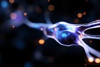 Glowing neural network synapse with electric blue energy transmission and bokeh lights on dark background for neuroscience and artificial intelligence concepts.