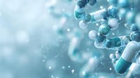 DNA molecule structure with pharmaceutical capsules on blue background, representing genetic medicine and biotechnology research.