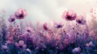 Dreamy pink and purple cosmos flowers in morning light with soft bokeh effect and misty atmosphere creating ethereal garden landscape. Suitable for wall art.