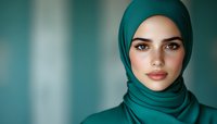 Young Middle Eastern woman wearing emerald green hijab and matching dress against blurred teal background, soft natural makeup and confident direct gaze.