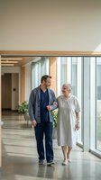 Male nurse walking with elderly Caucasian woman patient in modern hospital corridor with large windows for healthcare and medical assistance concepts.