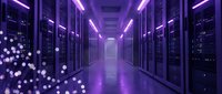 Modern data center server room with purple neon lighting and digital network connections for technology and cloud computing concepts.