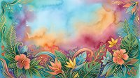Colorful watercolor tropical floral background with hibiscus flowers, exotic leaves, and golden details on vibrant rainbow sky for cards and banners.