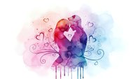 Watercolor heart with decorative swirls and dripping paint in pink purple blue gradient colors on white background isolated for romantic design.