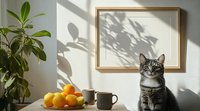 Tabby cat sitting on kitchen counter with fresh oranges and coffee mug in bright sunlit room with plant shadows on wall creating cozy domestic scene.