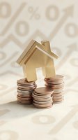 Golden house model standing on stacked coins against percentage and upward arrow background, symbolizing real estate investment, property value growth, and financial planning.
