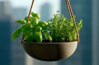 Fresh herbs growing in modern hanging concrete planter against blurred urban background, featuring basil and thyme plants in minimalist garden setting.