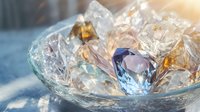Sparkling crystal gemstones in ornate glass bowl with warm sunlight creating rainbow reflections and prismatic light effects on elegant surface.