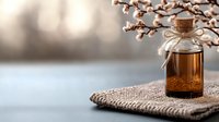 Small glass bottle with essential oil on knitted fabric near blooming spring branches, soft bokeh background creates cozy wellness atmosphere.