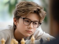 Young Asian male student wearing glasses with thoughtful expression during chess game, soft natural lighting creates contemplative mood for educational concepts.