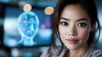 Young Asian woman with artificial intelligence hologram in modern tech environment showcasing future of human-machine interaction and digital innovation.