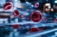 Red blood cells floating in plasma with glowing particles against blue background, scientific medical visualization showing microscopic cellular structure.