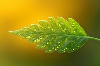 Fresh green fern leaf with morning dew drops against blurred yellow and green background, macro nature photography showing delicate plant details and textures.