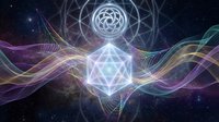 Sacred geometry meditation with glowing platonic solids and energy waves in cosmic space for spiritual healing and consciousness expansion practices.
