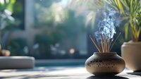Aromatic incense sticks burning in ceramic holder with rising smoke creating peaceful zen atmosphere near window with natural light and plants.