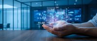 Businessman hand holding digital network connections and data analytics in modern office environment for technology innovation and business growth.