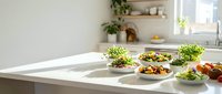 Fresh healthy salads and microgreens on a white kitchen counter in a bright modern home, copy space for nutrition and wellness content.
