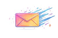 Stylized mail envelope icon with gradient colors from pink to yellow, surrounded by dynamic blue motion lines and sparkle elements on white background.