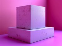 Minimalist white marble podium on pink background with soft gradient lighting. Stone texture display platform for product presentation.