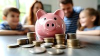 Pink ceramic piggy bank surrounded by stacked coins on wooden table with blurred family in background, representing savings, financial planning and household budget.