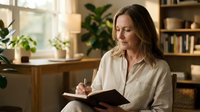 Middle-aged woman with long dark hair and fair complexion, wearing a beige linen shirt, writing in a notebook in a warm home office with plants and bookshelves.