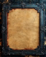 Ornate gothic black frame surrounding aged parchment with burnt edges, creating dramatic contrast for vintage design projects.