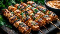 Grilled chicken kebabs with herbs and spices on wooden skewers, served with creamy dipping sauce and fresh cilantro garnish, close up view of juicy meat.