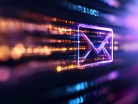Digital mail envelope icon with binary code background in purple and orange colors glowing in cyberspace, representing electronic communication technology.