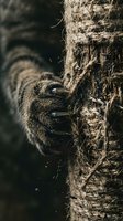 Close-up of squirrel paws gripping rough tree bark texture in natural forest environment with shallow depth of field for wildlife photography projects.